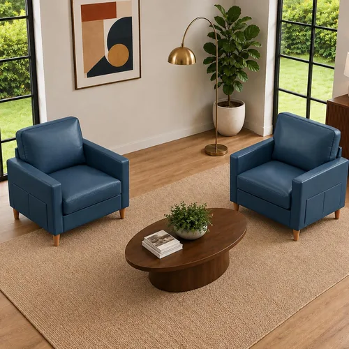 Accent Chair Set of 2, Living Room Chairs, Faux Leather Reading Armchair Piel sintética-azul