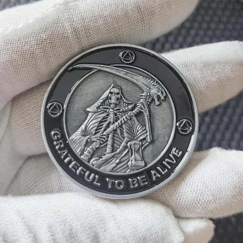 Vista 3 de Ficha de aniversario de recuperación de monedas AA y medallones con chip de sobriedad Grateful to Be Alive (paquete de 10)