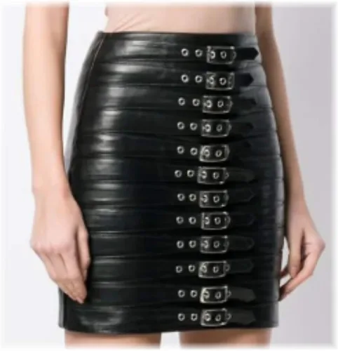 Vista 2 de Mini falda sexy de cuero de cordero negro suave de cintura alta con hebilla para mujer
