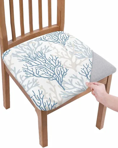 Vista 9 de Juego de 4 fundas de asiento de playa de verano verde azulado para sillas de comedor, fundas elásticas para sillas de cocina, conchas marinas