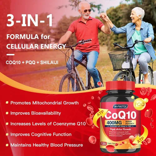 Vista 3 de DRFOSTER CoQ10 400mg-Suplementos de coenzima Q10 de alta absorción con PQQ, Shilajit y Vitamina E, poderoso antioxidante para la salud del corazón