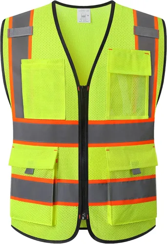 Vista 10 de Chaleco de seguridad de malla reflectante para hombres y mujeres, con 5 bolsillos y cremallera frontal, chaleco de malla de alta visibilidad