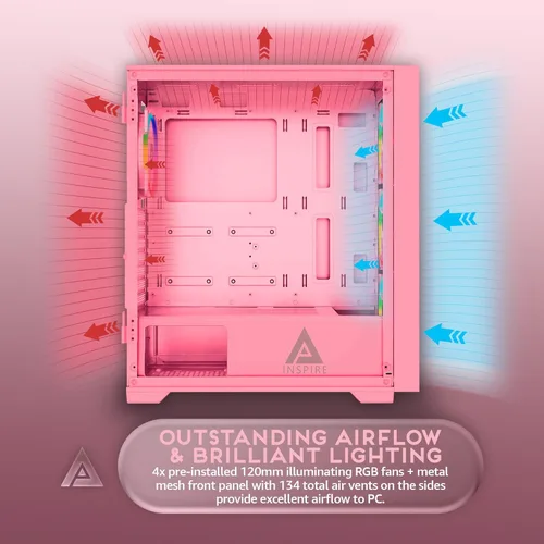 Vista 4 de Estuche Apevia Inspire-PK Inspire de torre media ATX para PC Gaming con 4 ventiladores ARGB de 120 mm, 366 modos de luz RGB, 1 panel frontal