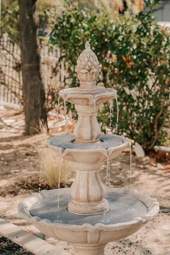 Vista 9 de XBrand Fuente de cascada independiente de 3 niveles para exteriores de 51 pulgadas con bomba y remate de piña, beige