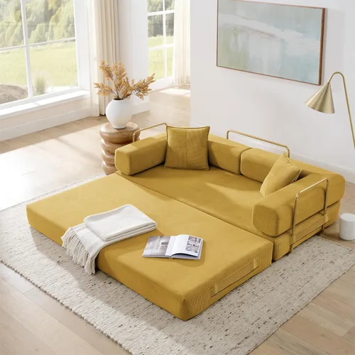 Vista 7 de Sofá cama plegable convertible 4 en 1, sofá sin hueso de 78 pulgadas con marco de forma fija, sofá biplaza de pana con cama extraíble, sofá