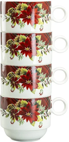 Vista 3 de Juego de 4 tazas apilables de café y té de 10 onzas con soporte de metal (Poinsettia)