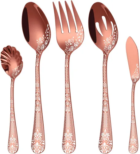 Vista 8 de EUIRIO Juego de 5 utensilios de servir, incluye cuchara grande para servir ranurada, tenedor, cuchara de azúcar y cuchillo de mantequilla, juego