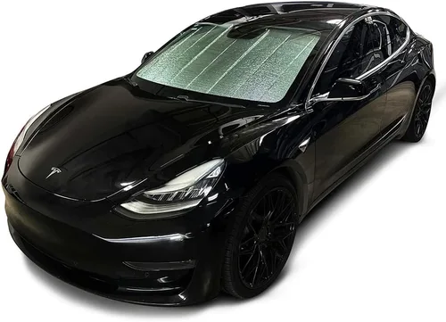 Vista 2 de Hecho en Estados Unidos – Parasol para parabrisas de ajuste personalizado – Parasol reversible para Tesla Model 3 2018-2023