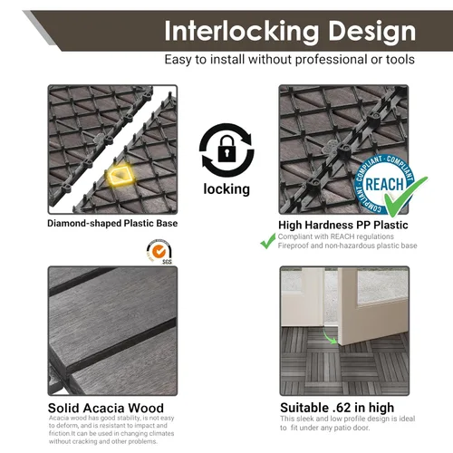 Vista 4 de PrimeZone - 9 azulejos entrelazados de madera de acacia sólida para terraza, patio, 12 x 12 pulgadas, impermeables, para interiores y exteriores