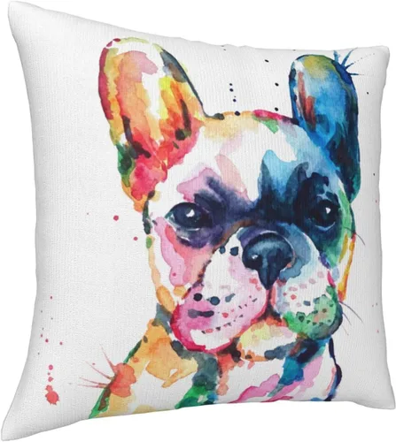 Vista 2 de VARUN Fundas de almohada creativas multicolor de bulldog francés en acuarela, cachorro, pintura artística, fundas de almohada cuadradas