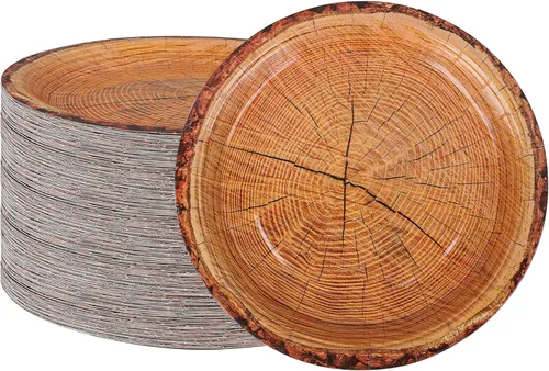 peony man 50 platos de papel de grano de madera de 9 pulgadas, platos de papel desechables para fiestas, platos redondos de granja para decoración