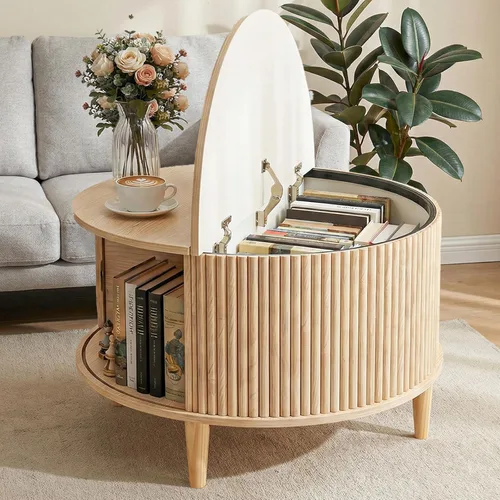 Vista 10 de DUMOS Mesa auxiliar, mesa central elevadora con almacenamiento, mesas cuadradas para sala de estar con estantes ajustables, mesa de centro de madera