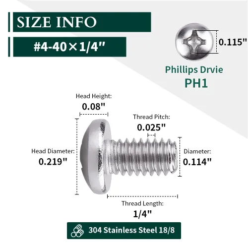 Vista 3 de Tornillo de máquina de cabeza cilíndrica #4-40 x 1/4", Phillips Drive, acero inoxidable 304 18-8, acabado brillante, rosca completamente mecanizada