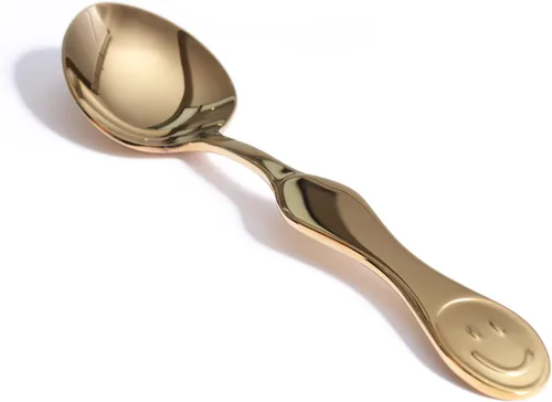 Vista 5 de Cuchara de acero inoxidable con cara sonriente de alta calidad, perfecta para sopa, café y té (1 dorado y 1 plata, dos cucharas sonrientes)