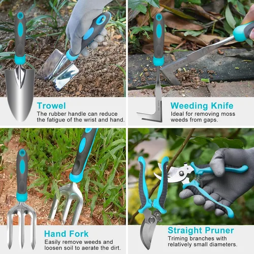 Vista 5 de Herramientas de jardinería, Carsolt juego de 10 piezas de herramientas de jardín de acero inoxidable resistente con mango ergonómico de goma.