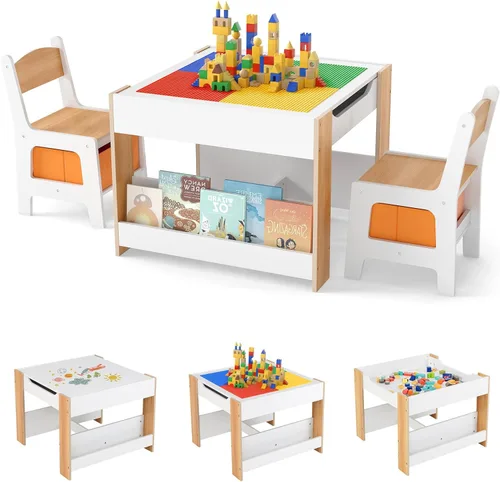 Vista 10 de INFANS Juego de Mesa y Silla para Niños, Escritorio de Actividad de Bloques de Construcción 4 en 1 de Madera con Tablero Reversible, Cajones