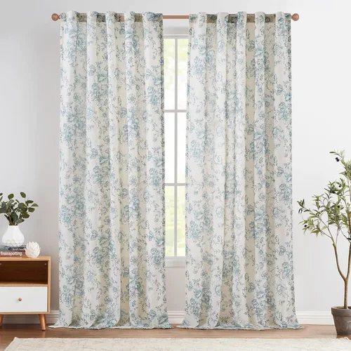 Vista 74 de JINCHAN Cortinas de mezcla de lino con flores para sala de campo francés, cortinas para sala de estar de 84 pulgadas de largo, cortinas impresas