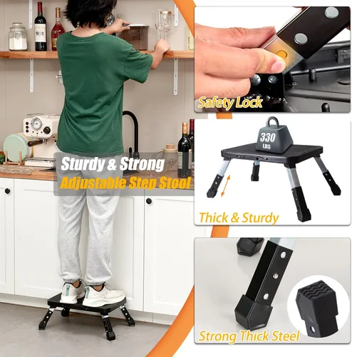 Vista 3 de Taburete plegable, altura ajustable de 1 escalón, 330 libras, plataforma portátil resistente con pies antideslizantes y escalera de paso