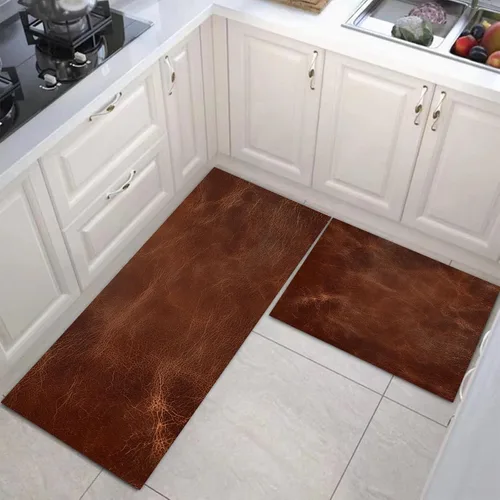 Kitchen Mats for Floor 2 Piece Set Abstract Leather Texture Non Slip Kitchen Rugs Washable Retro Aesthetics Floor Mats Rust Brown Area Rug Runner