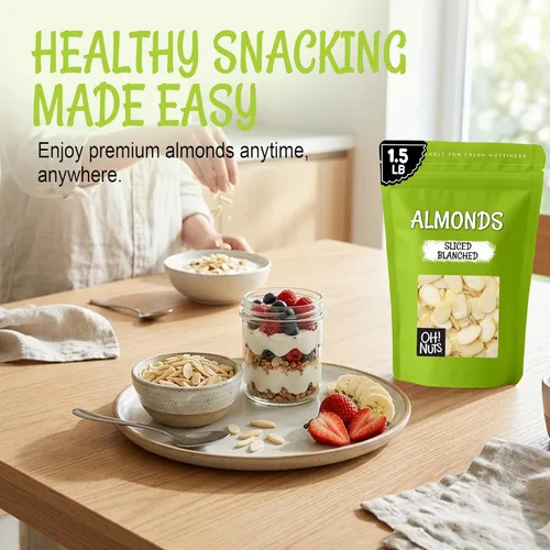 Vista 4 de Oh! Nuts Almendras blanqueadas en rodajas – crudas – 100 % naturales – 1.5 libras – Almendras altas en proteínas – Envasadas en bolsa con cierre