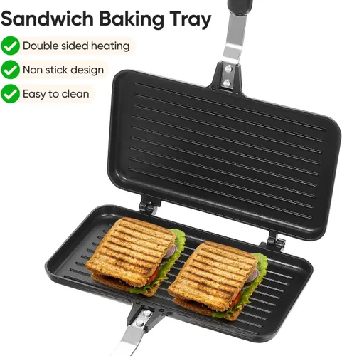 Vista 6 de Sartén de doble cara antiadherente para asar waffles, molde para hornear sándwiches para tartas, tostadas, aperitivos, desayuno, sandwichera
