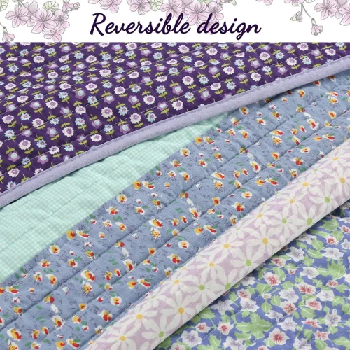 Vista 2 de Cozy Line Home Fashions Jeannie - Juego de ropa de cama reversible de 100 % algodón con estampado floral a rayas lilas y moradas para mujer