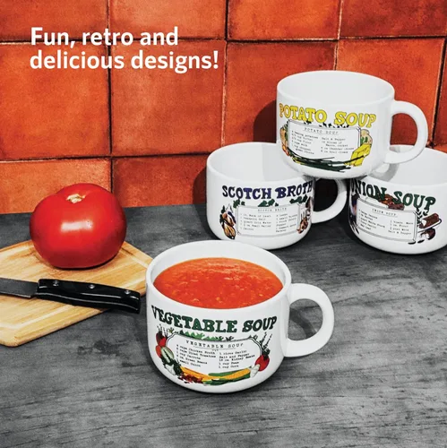 Vista 5 de Old & Bold - 4 tazones de sopa de 27 onzas con tapas. Tazas de cerámica retro para recetas de sopa con tapas y asas ventiladas. Versión 2 - Paquete