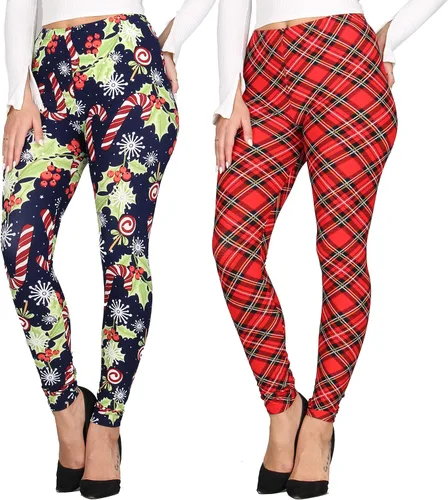 Vista 31 de Lildy - Leggings súper suaves lisas e impresas para mujer, elásticas sin transparencias Rayas negras y rojas/paquete de dos negras