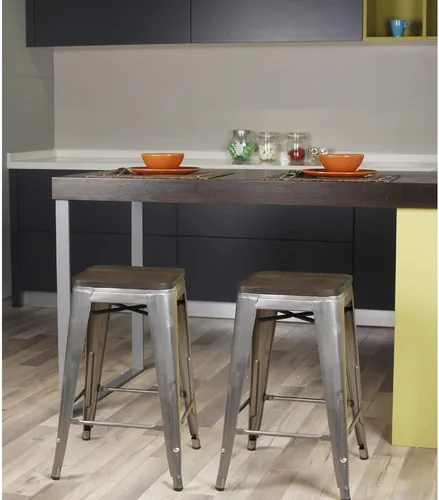 Vista 196 de GIA Taburete de mostrador sin respaldo de 24 pulgadas, cantidad de 4, bronce con asiento de madera clara