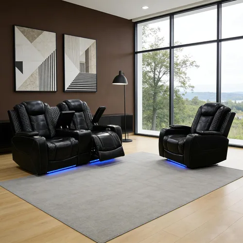 Vista 27 de Juego de sofá reclinable eléctrico para sala de estar, juego de sofá reclinable de pana con luces LED, puertos USB, almacenamiento oculto, juego