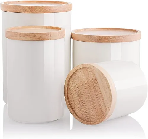 Vista 18 de SWEEJAR – Recipiente de cerámica para almacenamiento de alimentos, recipientes apilables con tapa hermética de madera para servir café molido, té