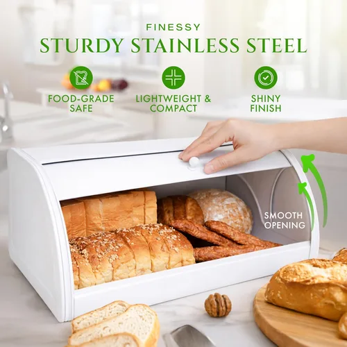 Vista 6 de FINESSY Panera para encimera de cocina, contenedor de pan, panera para pan, cajas de pan de granja para encimera de cocina (blanco de lujo, grande)