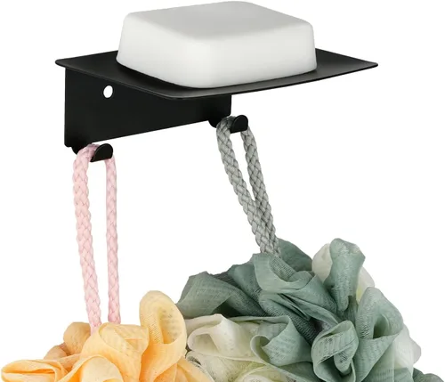 Vista 7 de Jabonera para ducha, soporte autoadhesivo para jabón de 4 ranuras para baño, soporte de jabón de ducha montado en la pared con gancho, bandeja