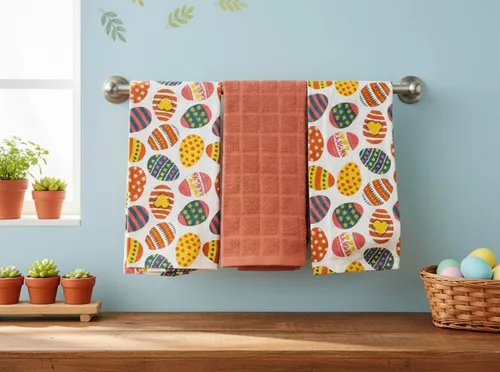 Vista 3 de Serafina Home Easter Kitchen Towel Set with Pot Holders, Spring Colored Eggs Design, 100% Cotton, White Orange Green, 5 Piece Set