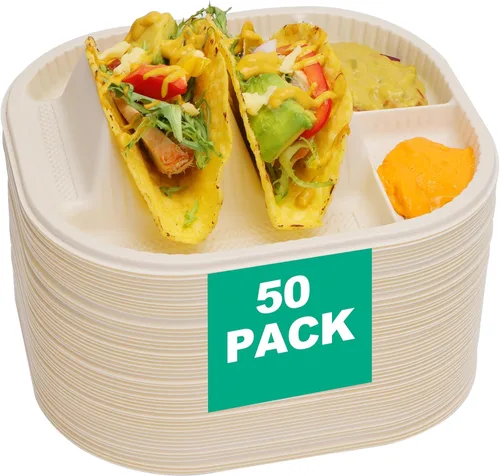 Vista 9 de Paquete de 50 platos desechables para tacos para 2 tacos, para la mayoría de conchas duras pequeñas de 4 a 6 pulgadas, platos biodegradables