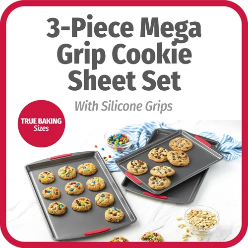 Vista 2 de GoodCook MegaGrip - Juego de 3 bandejas de acero antiadherente multiusos con asas de agarre de silicona, color gris