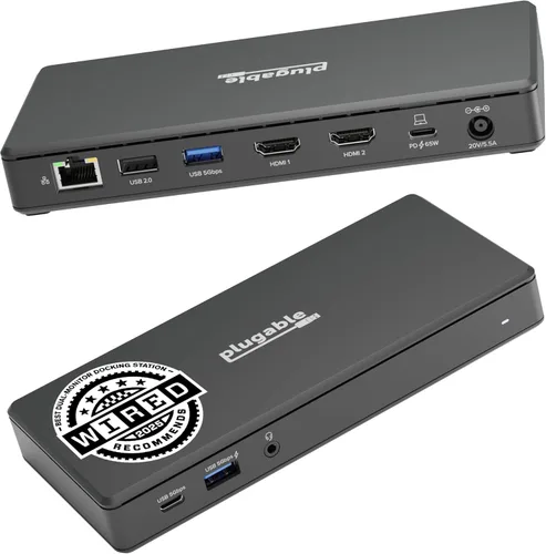 Estación de acoplamiento USB-C Plugable Dual 4K 60Hz HDMI, carga de 65W, Gigabit Ethernet, 1x USB-C 5Gbps, 3X USB-A, Audio, Windows/ChromeOS,