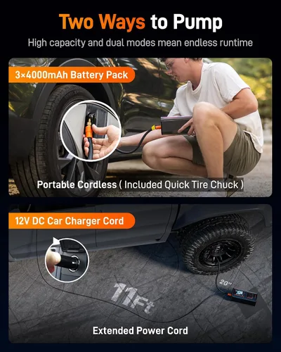 Vista 4 de WOLFBOX Inflador de neumáticos de alta resistencia de 150 PSI, compresor de aire portátil de doble cilindro de 45 LPM para neumáticos de automóvil