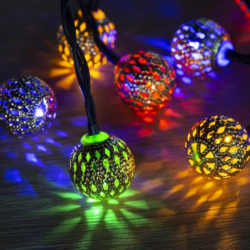 Vista 2 de Guirnalda de luces solares marroquíes para exteriores, 60 LED, 36 pies, guirnalda de luces con 8 modos de iluminación, luces solares impermeables
