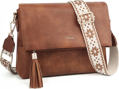 Vista 11 de Bolsos cruzados de cuero para mujer, monederos antirrobo con bloqueo RFID, bolsos de viaje de moda, correa ajustable, borla marrón