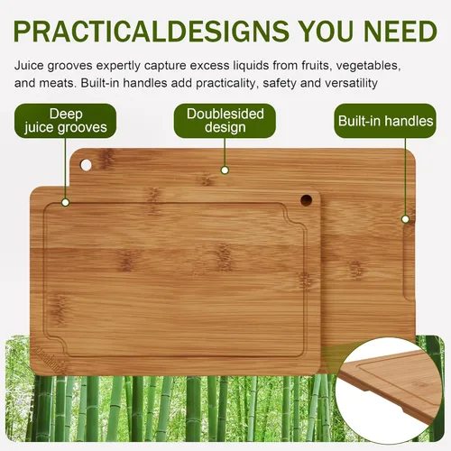 Vista 5 de Tabla de cortar de bambú para cocina, tabla de cortar grande de madera de 17 pulgadas con ranuras para jugo y asas integradas, fácil almacenamiento