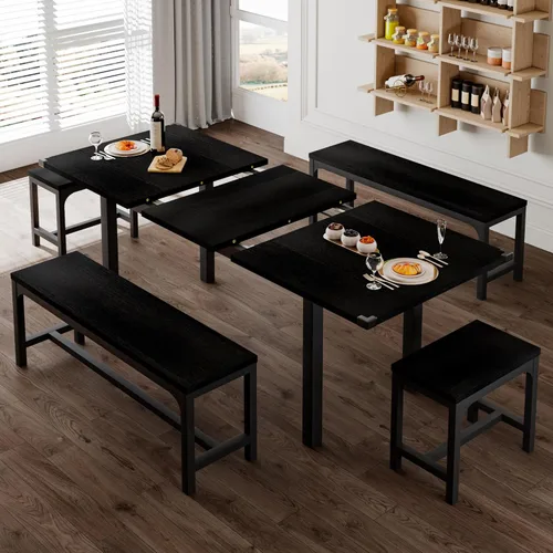 Vista 3 de Feonase Juego de mesa de comedor de 5 piezas para 4-8 personas, juego de mesa de cocina grande extensible de 63 pulgadas con 2 bancos y 2 taburetes