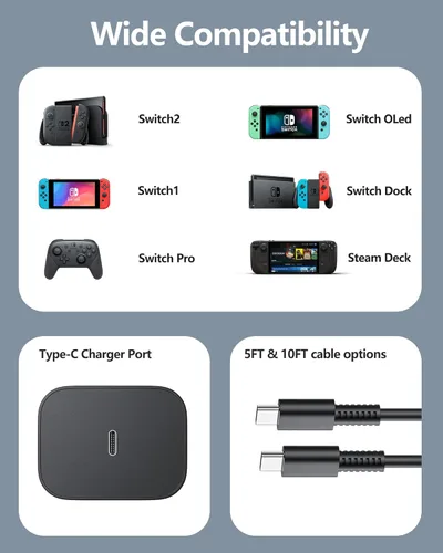 Vista 2 de Cargador de 60 W para Nintendo - Adaptador de CA Switch 2, carga rápida de 20 V 3 A con cable USB C de 5 pies para Switch, Lite, OLED, Steam Deck