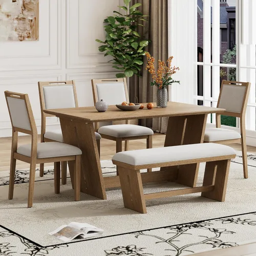 Vista 8 de Merax Juego de comedor retro de 6 piezas, 1 mesa rectangular con base de mesa trapezoidal estable y 4 sillas tapizadas y 1 banco para comedor