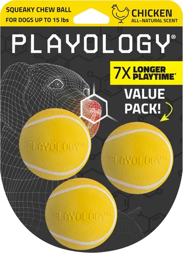 Vista 17 de Juguetes Playology para perros Bola chirriante para masticar - Bola de búsqueda flotante duradera y elástica para perros Juguete mediano