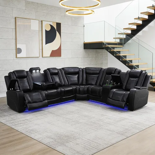 Vista 34 de Juego de sofá modular reclinable eléctrico para sala de estar, juego de sofá reclinable de cuero con luces LED / almacenamiento oculto, sofá