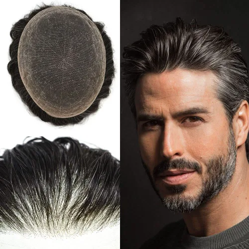 Vista 24 de Toupee - Sistema de reemplazo de piezas de cabello humano real, encaje suizo suave frontal para hombre, nudo blanqueado, línea capilar natural