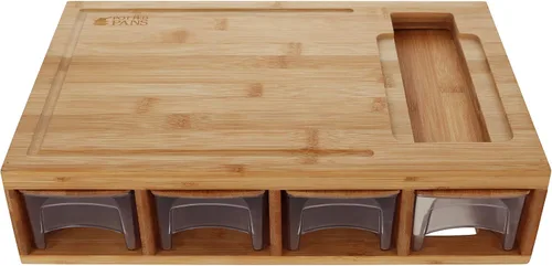 Vista 5 de Estación de preparación de comidas, juego de tablas de cortar de alimentos - Tabla de cortar de bambú 4 en 1 con contenedores, tapas y ralladores