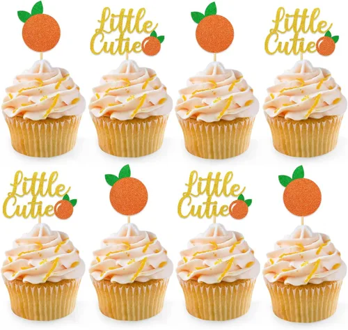 24 piezas de decoración de baby shower, adornos naranjas para cupcakes con purpurina y temática de clementina, suministros de cumpleaños