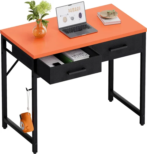 Vista 20 de Pamray Escritorio pequeño para computadora de 32 pulgadas con 2 cajones para dormitorio, estudio, escritura, mesa de oficina en casa para espacios